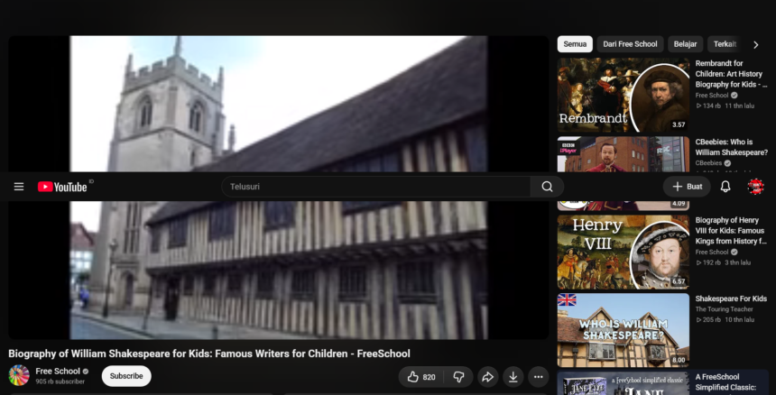 YouTube video page showing a history video about William Shakespeare for kids, with a medieval building in the paused video and the dark YouTube UI on screen.