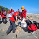 Group of volunteers in red jackets collecting litter along a sandy beach
