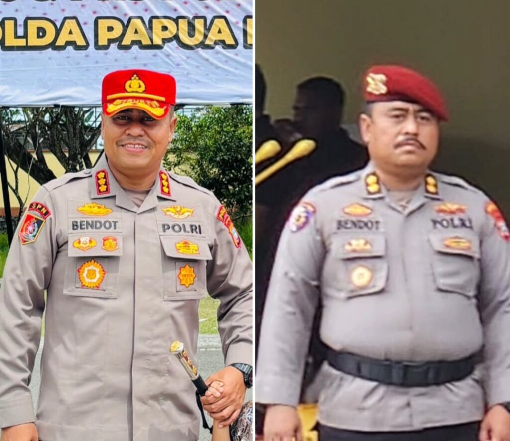 Two Indonesian police officers in gray uniforms with gold insignia, side by side; left officer smiles and holds a baton, right officer stands with a red beret.