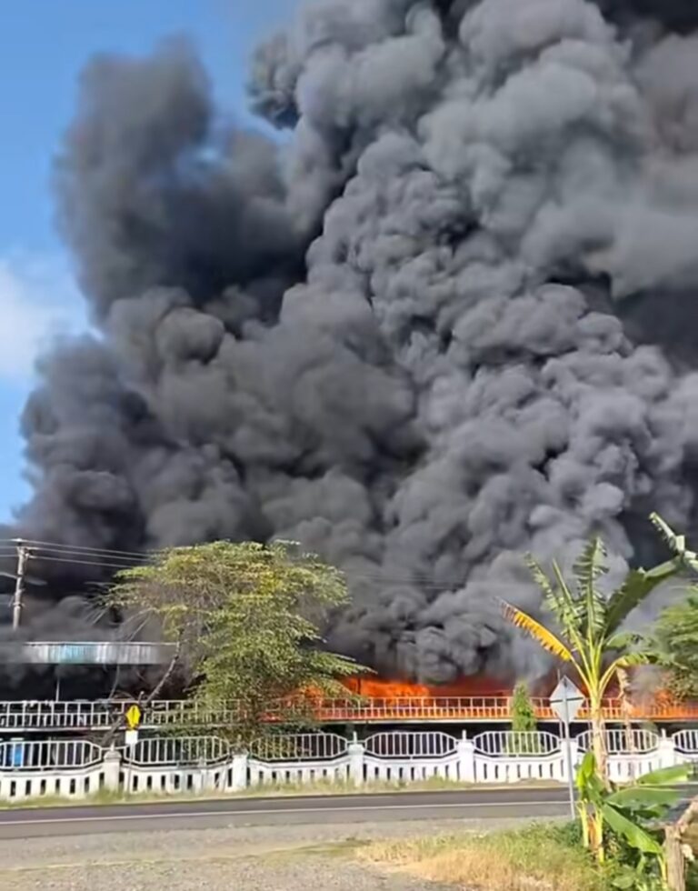 Large plume of thick black smoke and orange flames rising behind a white fence along a roadside—fire visible in daytime sky.