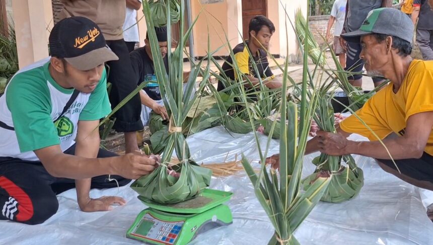 Group of men kneeling on a plastic sheet, weaving pandan leaves into small round baskets for sale or ceremony on a workshop day