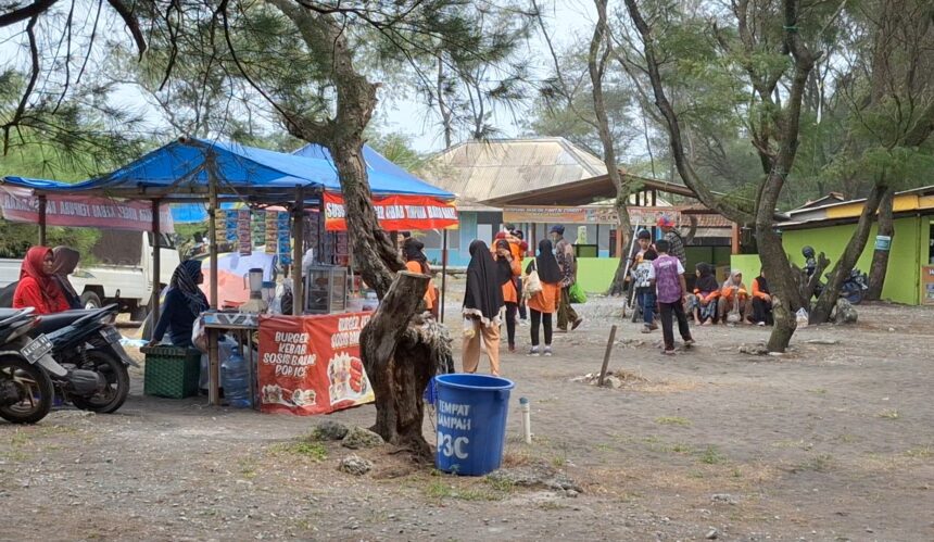 Outdoor market scene with blue canopy stalls, people browsing and vendors under tents among trees in a village square