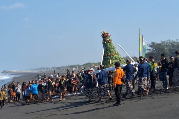 Crowd gathers on a dark-sand beach for a traditional ceremony as a tall decorated bamboo structure is carried forward.