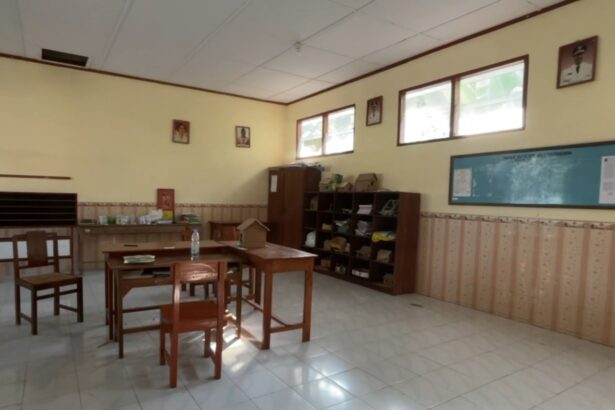 An empty classroom with wooden desks and chairs, shelves along the back wall, and windows letting in light.