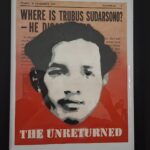 Poster-style image: orange background with a black‑and‑white portrait and the headline 'Where is Trubus Sudarsono?' indicating a missing person.