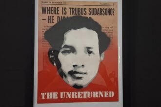 Poster-style image: orange background with a black‑and‑white portrait and the headline 'Where is Trubus Sudarsono?' indicating a missing person.
