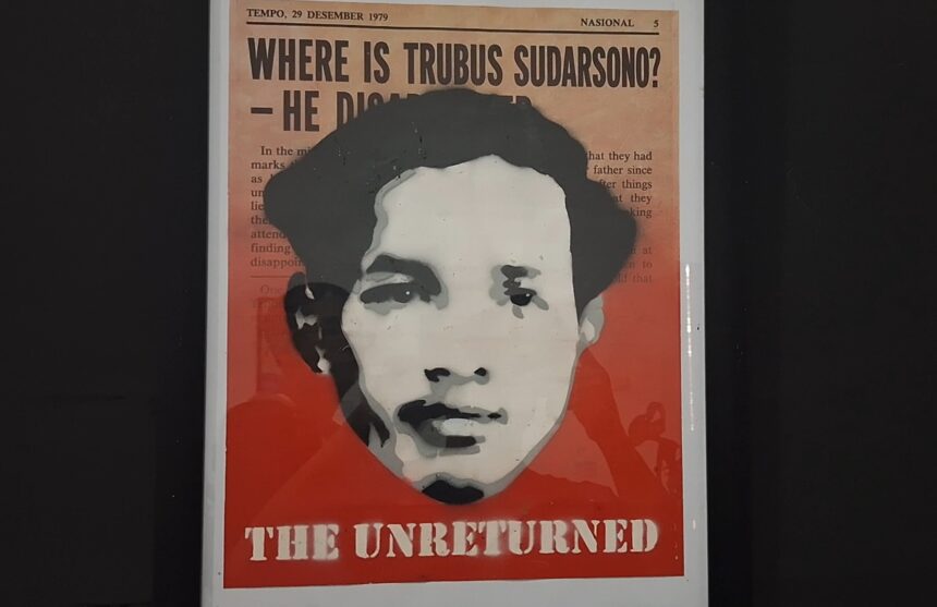 Poster-style image: orange background with a black‑and‑white portrait and the headline 'Where is Trubus Sudarsono?' indicating a missing person.
