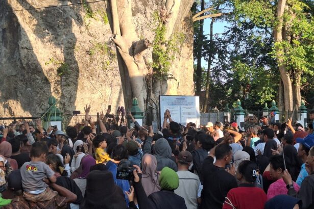 Large crowd gathered in front of a massive rock formation, with people raising hands toward a central notice board/signage and a green fence behind them.