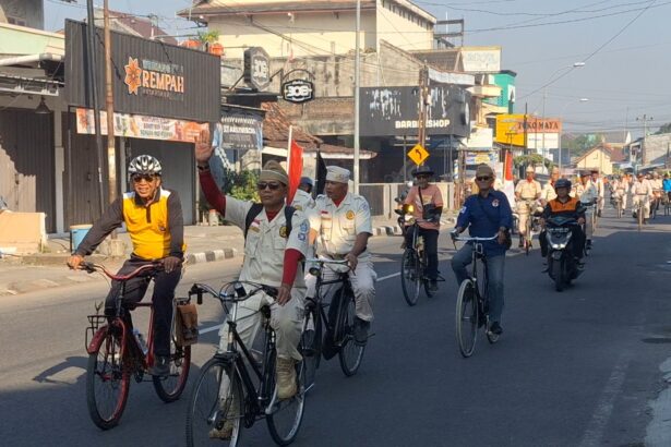 Group of cyclists riding down a city street during a parade, some in uniforms and waving flags