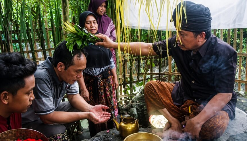 Man places a leafy sprig crown on a seated woman’s head as others observe, in an outdoor bamboo-walled area during a traditional blessing ritual.