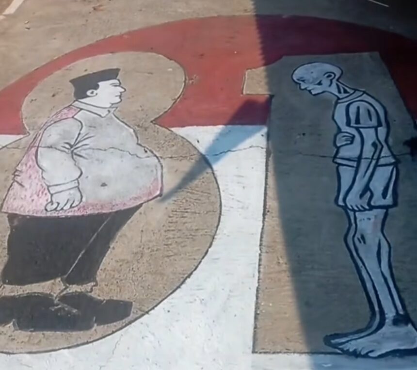 Mural on pavement showing a rotund man with a pink cape facing a tall, skeletal figure across a curved white path.