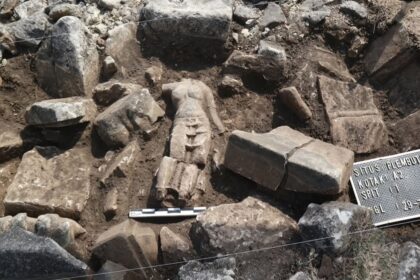 Archaeological dig scene with rough stones and dirt; a partially exposed carved stone resembling a face amid the rubble, with measurement scales nearby and a marker plate in the corner.