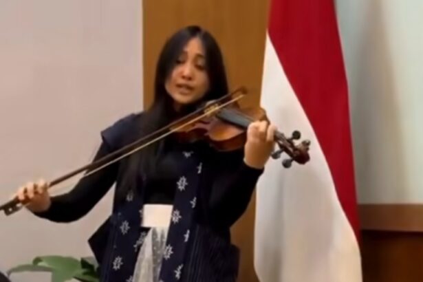 Violinist performing on stage, bow drawn across the violin, wearing a dark outfit with a snowflake-pattern scarf; a red‑and‑white flag behind her.