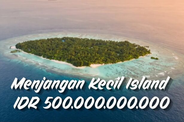 Aerial view of a small tropical island with dense trees, surrounded by turquoise water; text overlay reads 'Menjangan Kecil Island IDR 500.000.000.000'