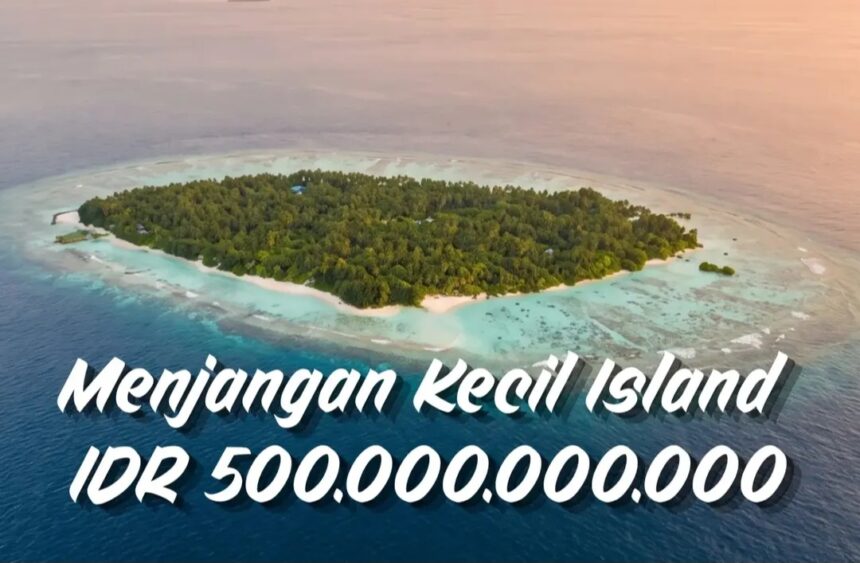 Aerial view of a small tropical island with dense trees, surrounded by turquoise water; text overlay reads 'Menjangan Kecil Island IDR 500.000.000.000'