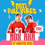 Poster for 'Patri Full Vibes' event with two men in red jerseys, blue background, date 27 August 2026, free entry at Alun-Alun Kembang Joyo, Pati Regency.