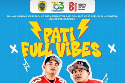 Poster for 'Patri Full Vibes' event with two men in red jerseys, blue background, date 27 August 2026, free entry at Alun-Alun Kembang Joyo, Pati Regency.