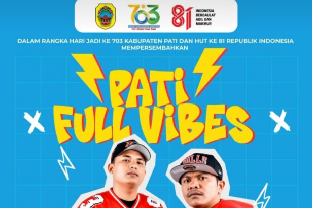 Poster for 'Patri Full Vibes' event with two men in red jerseys, blue background, date 27 August 2026, free entry at Alun-Alun Kembang Joyo, Pati Regency.