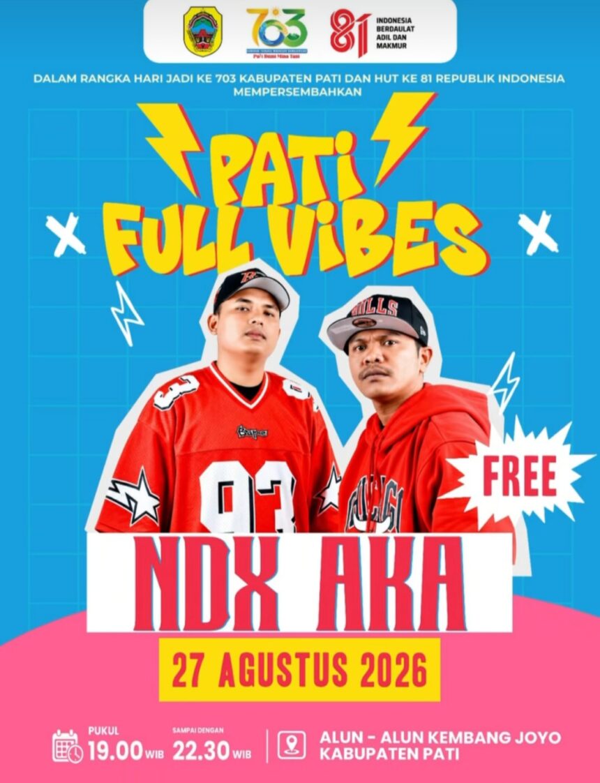 Poster for 'Patri Full Vibes' event with two men in red jerseys, blue background, date 27 August 2026, free entry at Alun-Alun Kembang Joyo, Pati Regency.