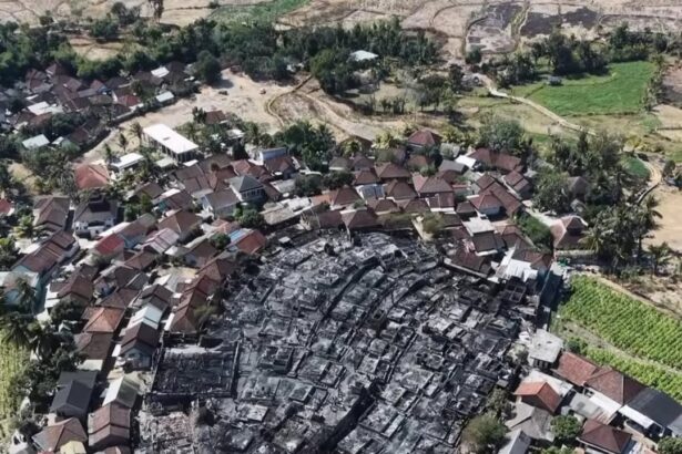 Aerial view of a village with a large circular burn area in the center and surrounding intact houses and vegetation.