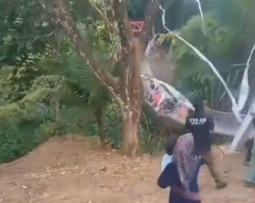 Group of people walking away from the camera along a dirt path beside a leafy green area, with a fountain or water jets visible in the background.