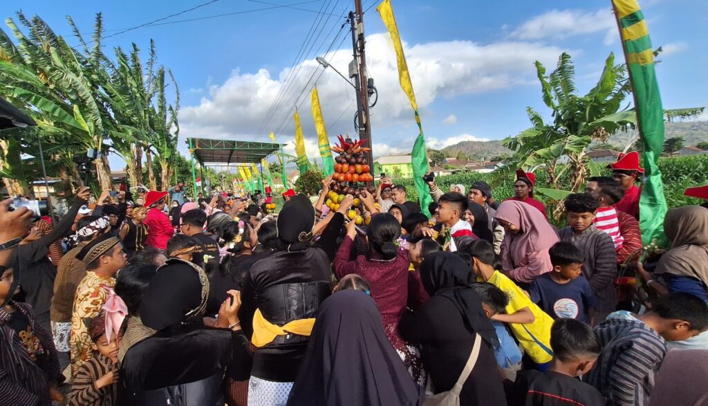 Screenshot_20260907_121212_Gallery - Mabur.co Crowd of people at a daytime outdoor festival, lifting a tall pyramid of fruit amid banana trees and colorful flags