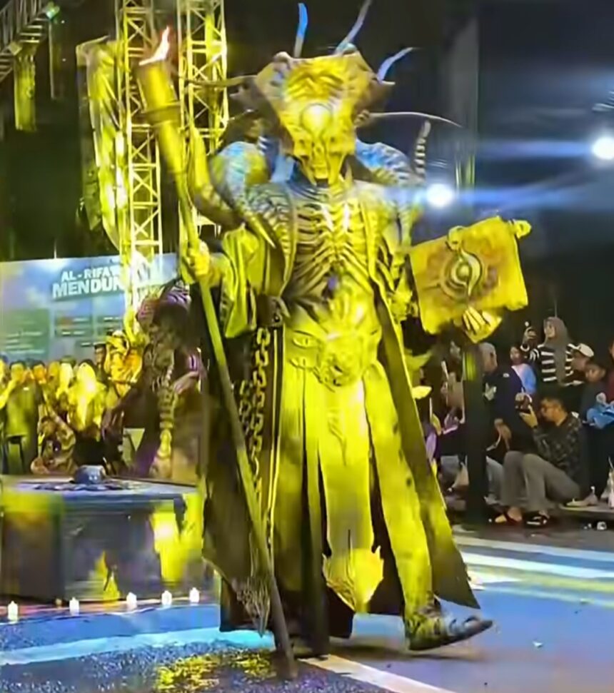 Costumed performer in a large yellow dragon-like suit with horns, holding a staff and a banner on a stage with cheering crowd.