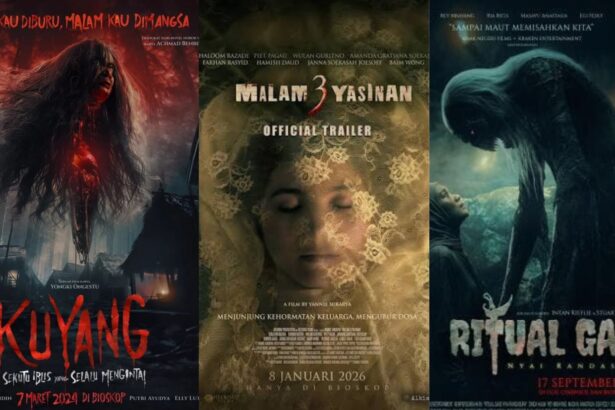 Horror poster of a pale, blood-splattered woman with flowing hair in a dark forest; red title 'Kuyang' at bottom.