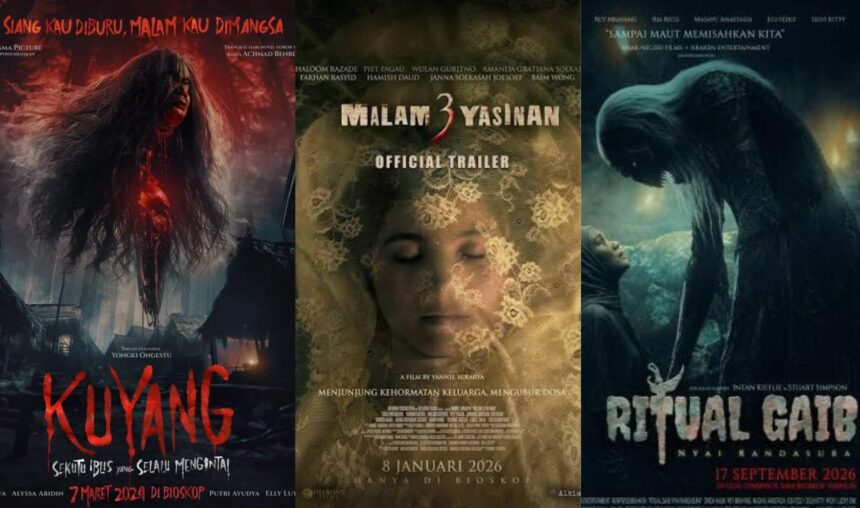 Horror poster of a pale, blood-splattered woman with flowing hair in a dark forest; red title 'Kuyang' at bottom.