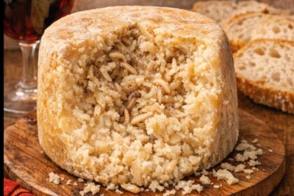 Round wheel of cheese with a hollowed center filled with pale mealworms, placed on a wooden board.