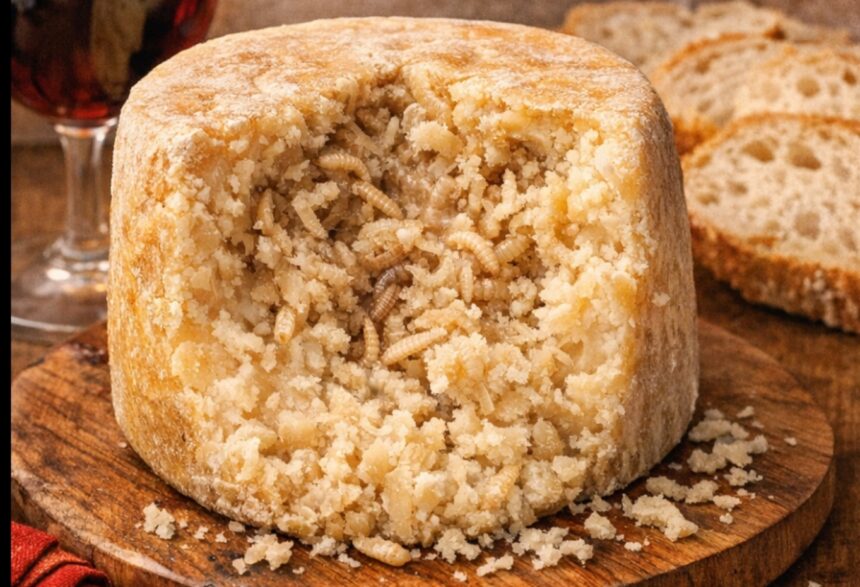 Round wheel of cheese with a hollowed center filled with pale mealworms, placed on a wooden board.