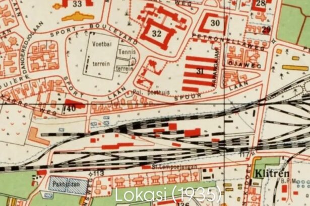 1935 map section showing roads, rail lines crossing a town with 'Lokasi (1935)' label at center-right.