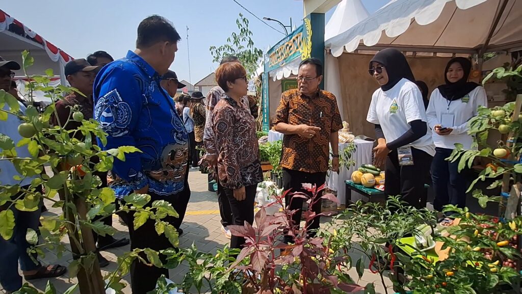 Screenshot_20261003_134332_Gallery - Mabur.co Group of adults in batik shirts converse at an outdoor plant market with tents and potted plants nearby.