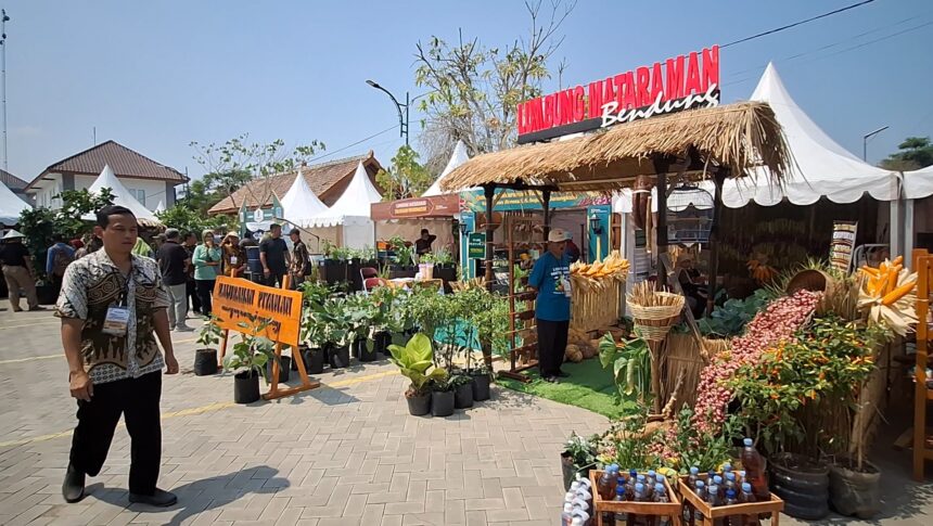 Outdoor market scene with white tents, a thatched-roof stall, and rows of potted plants and produce for sale.