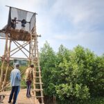 Wooden bamboo lookout tower with two people on a platform, over a grassy wetland and a blue sky above.