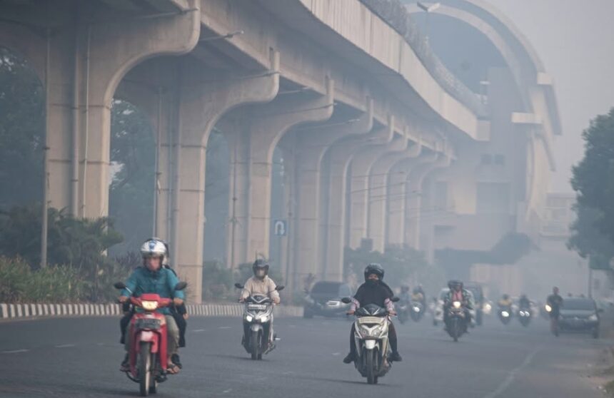 Motorcycles and cars ride on a hazy urban highway beneath a large elevated concrete overpass or viaduct, daytime traffic ahead.