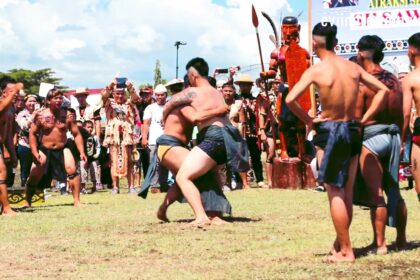 Two shirtless wrestlers grapple in a grassy outdoor festival as a crowd watches, some in traditional attire and costumes in the background.