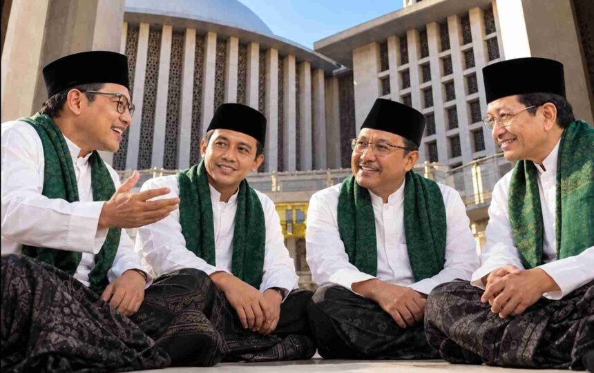 Four men in white shirts, black caps, and green sashes sit and chat outdoors in front of a large modern building.