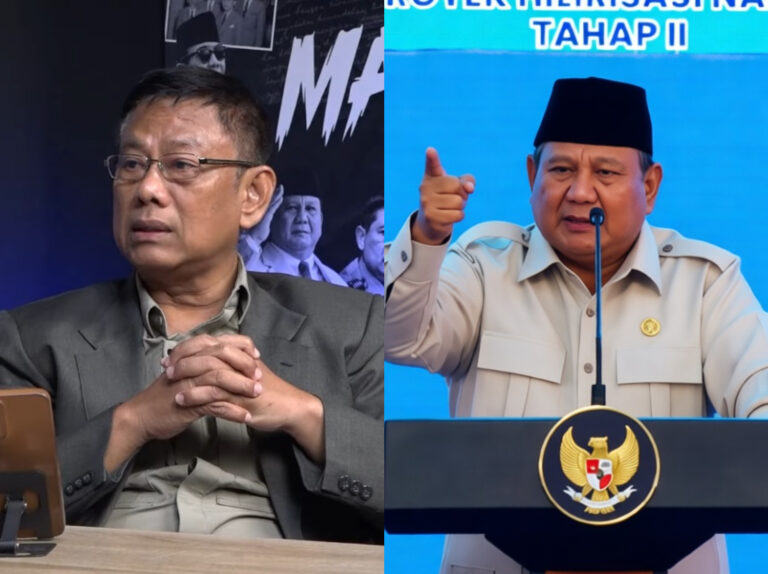 Selamat Ginting Prabowo - Mabur.co Split image of two men: left, a middle-aged man in a gray suit with glasses sits with hands clasped on a table, phone nearby; right, an official in a beige uniform and black cap speaks at a podium, pointing with his finger.