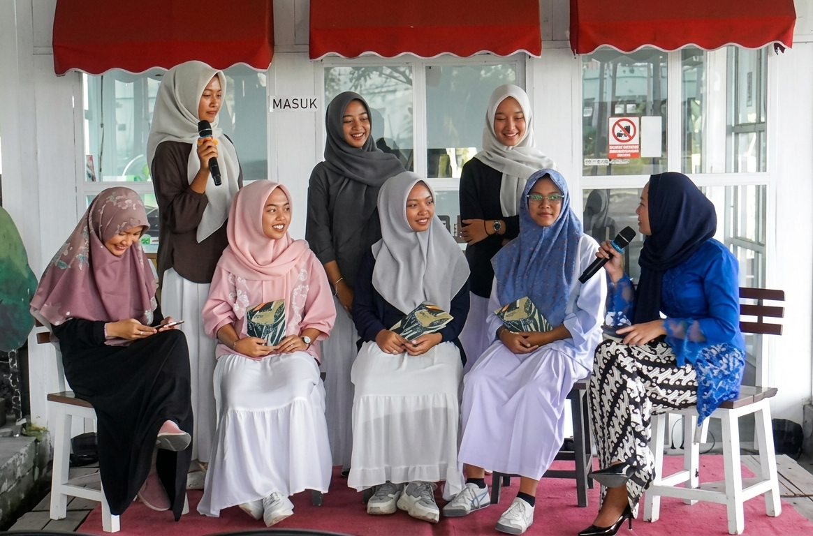 A group of seven women wearing hijabs sits and chats on a pink rug, one woman speaks into a microphone while others hold programs.