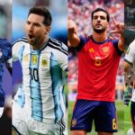 Collage of four soccer players in national-team jerseys (France, Argentina, Spain, England) mid-action. Left to right: blue France kit, light blue/white Argentina kit, red Spain kit, white England kit.