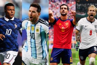 Collage of four soccer players in national-team jerseys (France, Argentina, Spain, England) mid-action. Left to right: blue France kit, light blue/white Argentina kit, red Spain kit, white England kit.