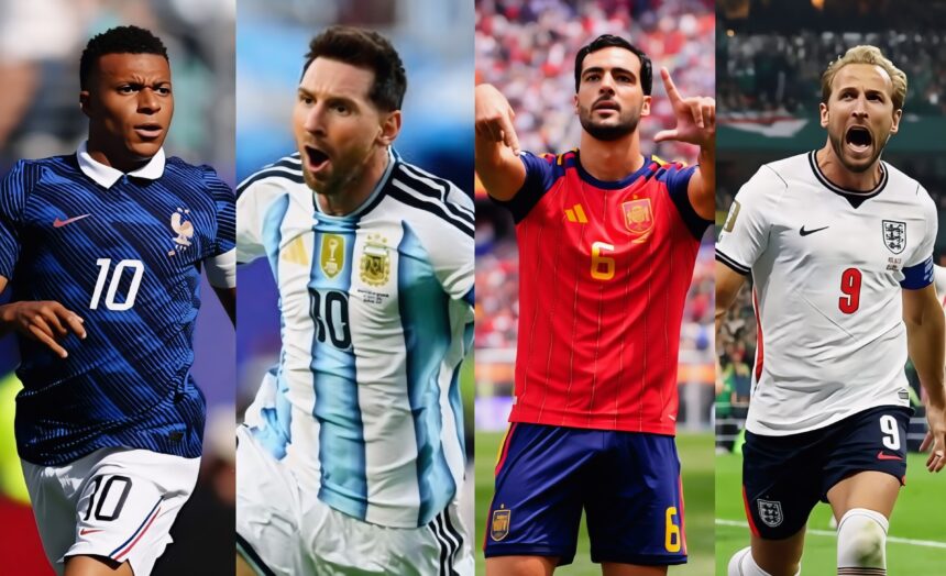 Collage of four soccer players in national-team jerseys (France, Argentina, Spain, England) mid-action. Left to right: blue France kit, light blue/white Argentina kit, red Spain kit, white England kit.