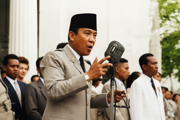Man in a beige military-style uniform and black hat speaks into a vintage microphone at a formal outdoor event, with suited people in the background.