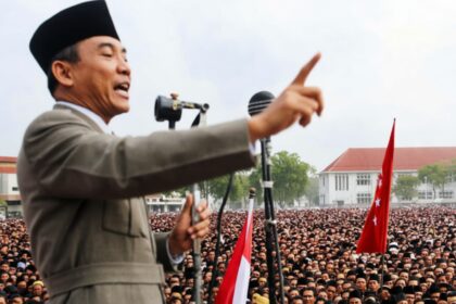 Politician in a suit and black cap addressing a massive crowd at a rally, with microphones and red-and-white flags nearby.