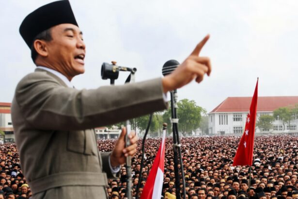 Politician in a suit and black cap addressing a massive crowd at a rally, with microphones and red-and-white flags nearby.