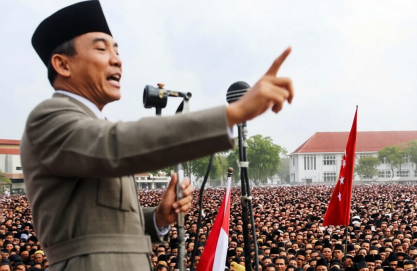 Politician in a suit and black cap addressing a massive crowd at a rally, with microphones and red-and-white flags nearby.