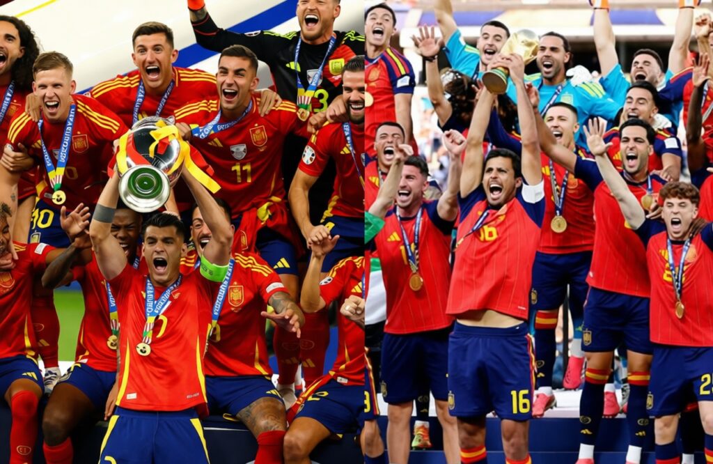 Spain euro 2024 wc 2026 FIXX - Mabur.co Spanish football team celebrating victory, lifting a trophy and wearing medals on a crowded pitch.