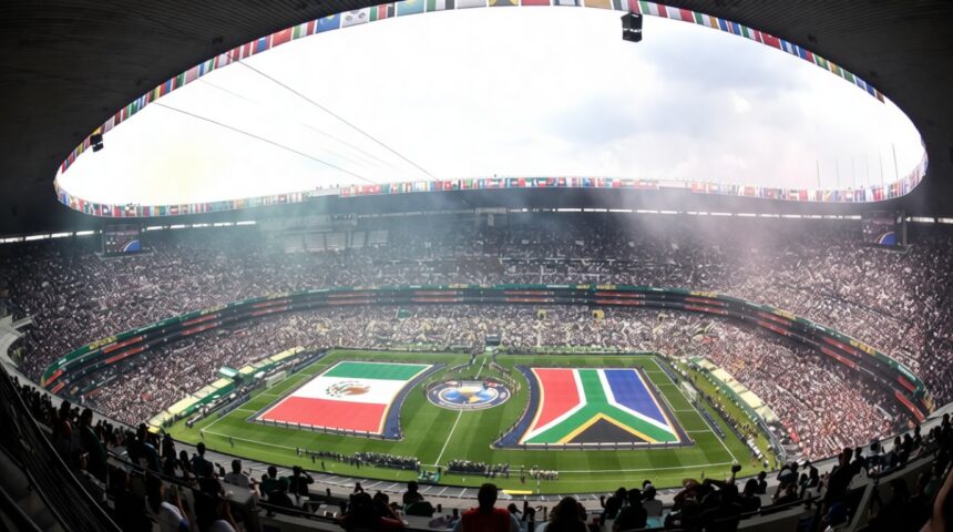 Bird's-eye view of a full stadium with a circular field display featuring large national flags and cheering spectators.