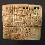 Ancient clay tablet with rows of wedge-shaped cuneiform inscriptions carved on its surface.